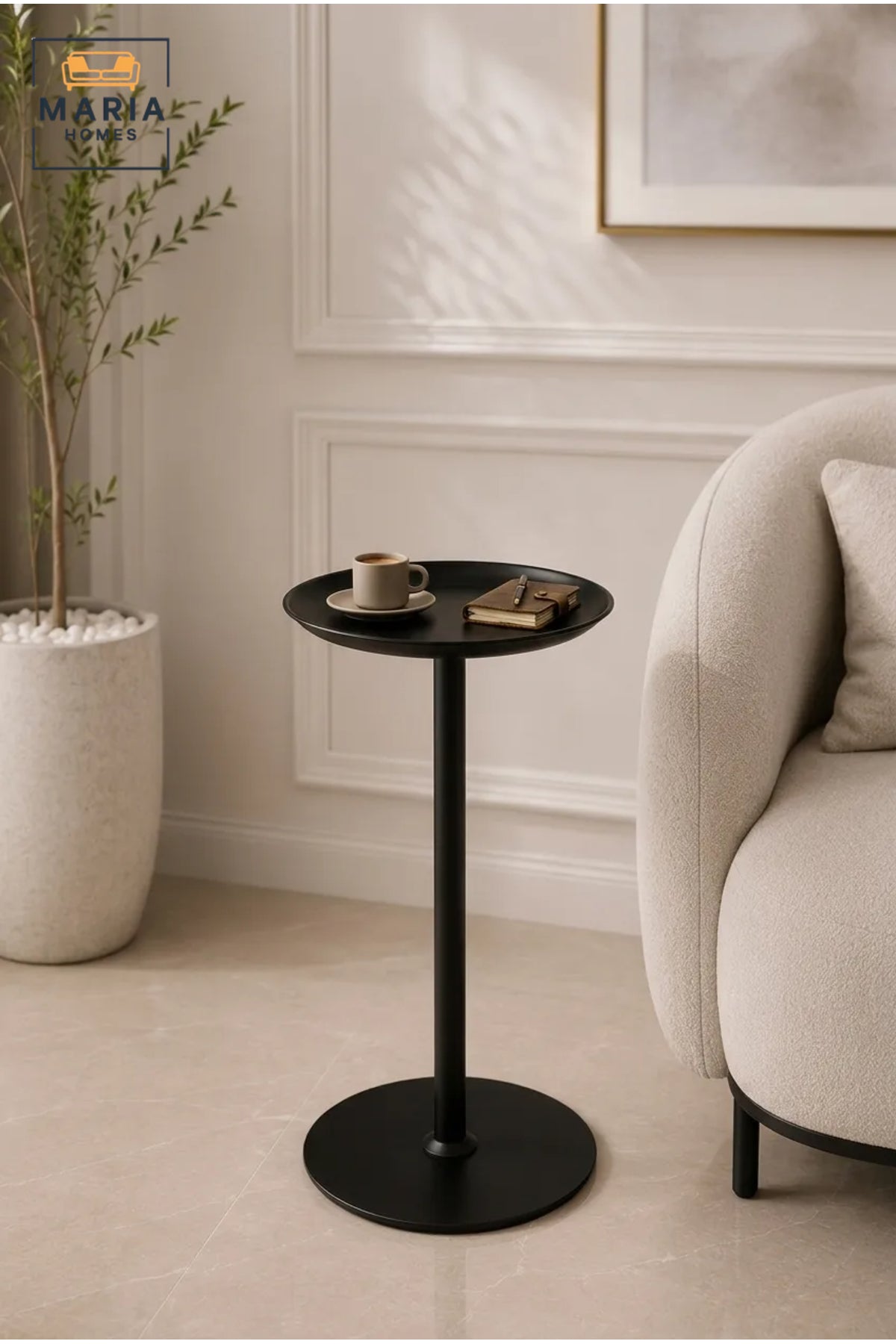 Modern Round Metal Side Table with Raised Tray Top and Pedestal Base