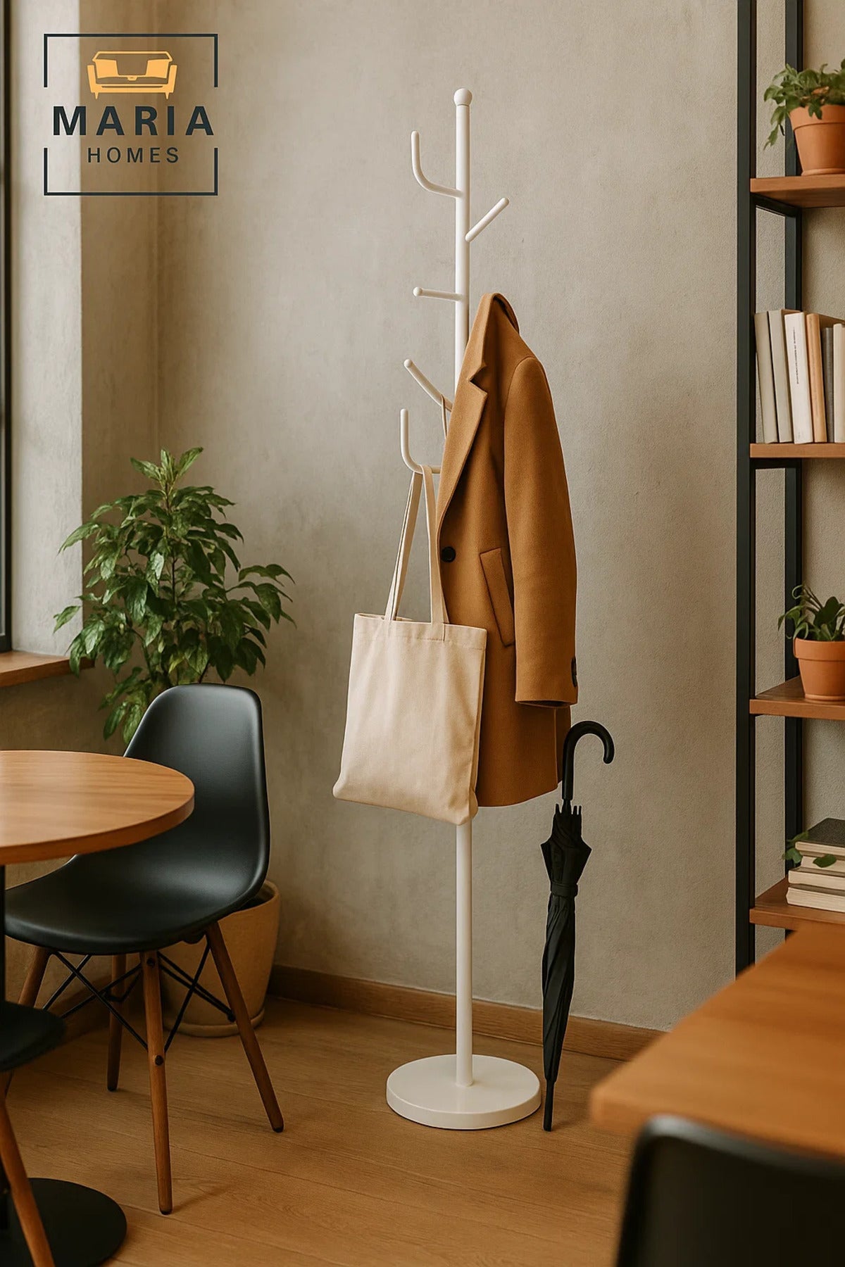 White Metal Coat Rack with Marble Base and Hooks