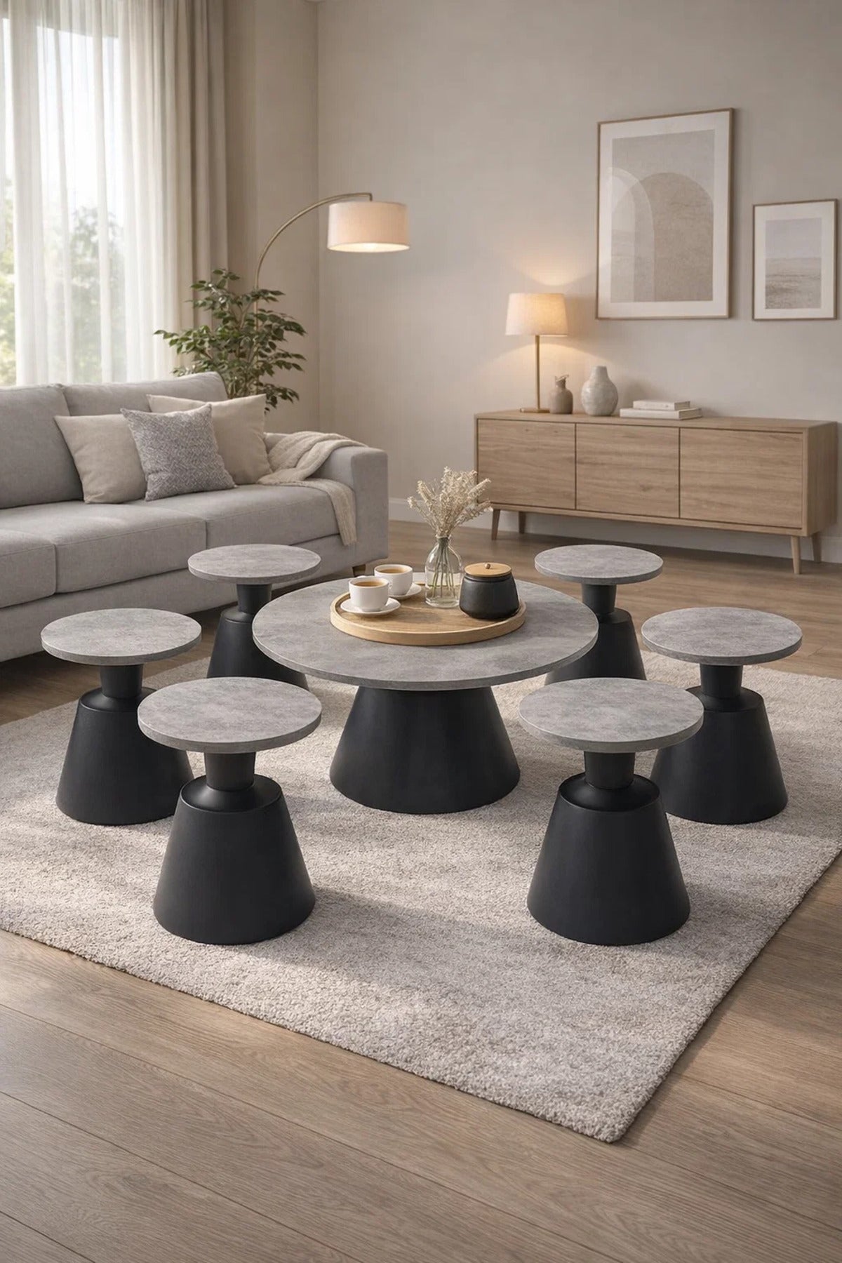 Modern Grey Round Coffee Table Set 1+6 Wood Top Black Cone Base Living Room Center Table Decor