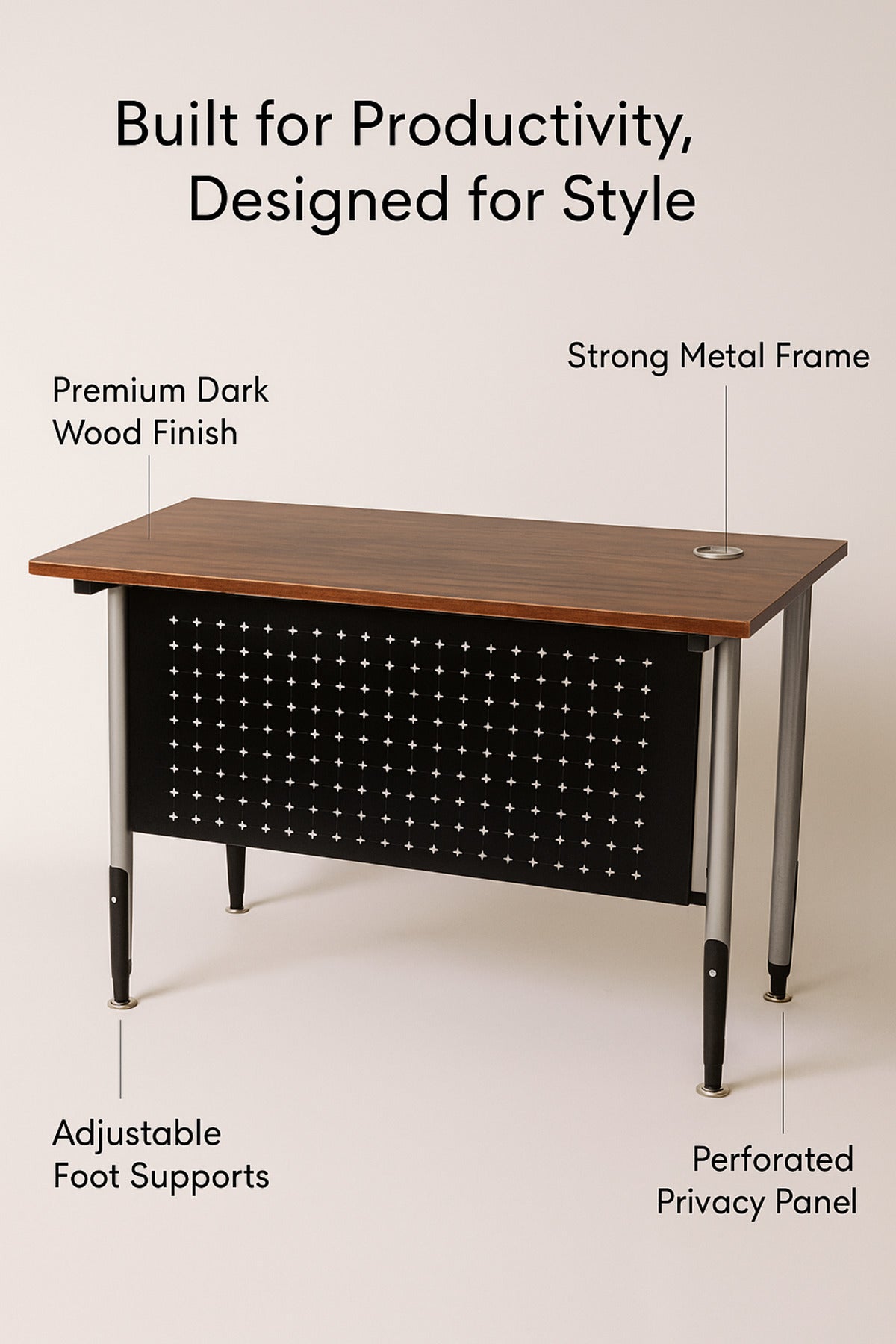 Dark Wood Office Desk 120_60_75 cm Ð Modern Workstation Table with Metal Frame and Cable Grommet