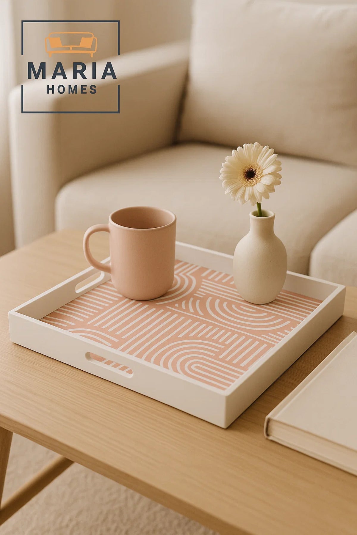 Square Serving Tray with Pink Geometric Print Ðsize 35*35cm White Frame and Cutout Handles