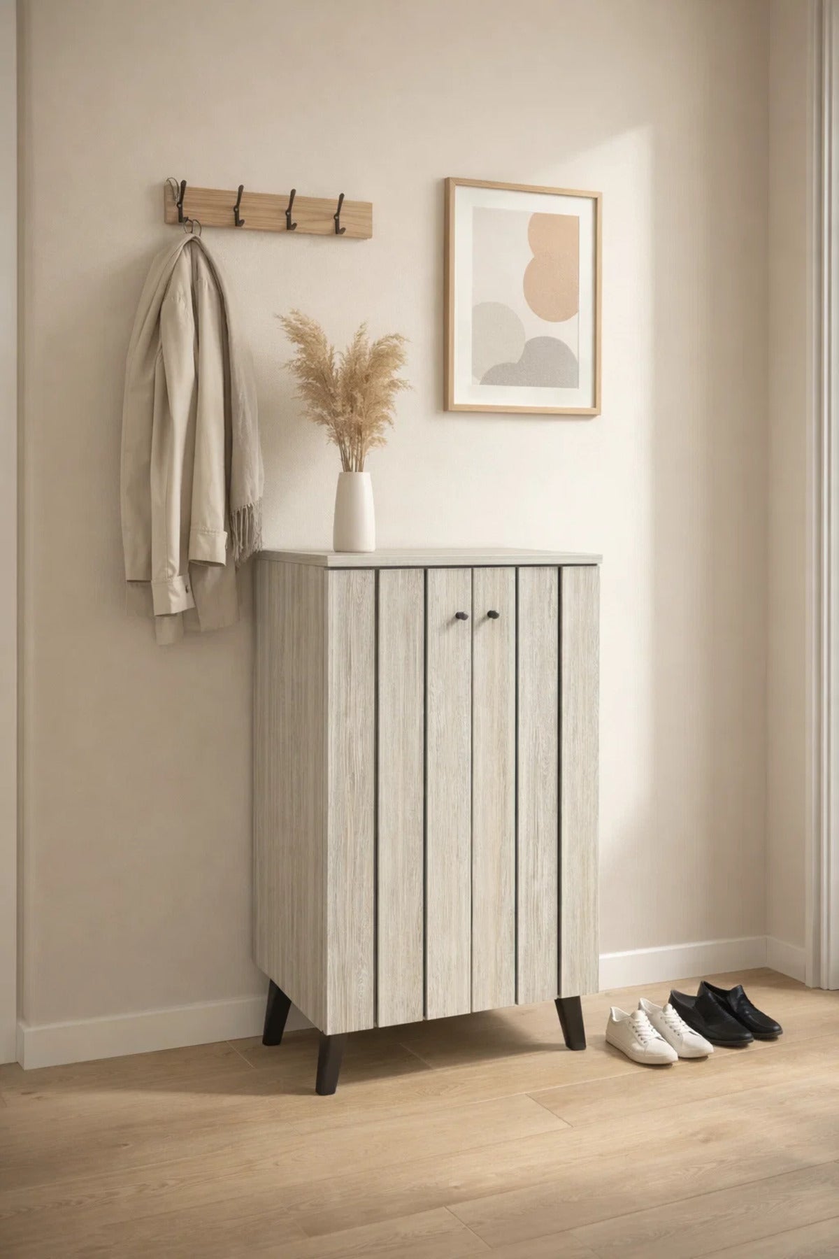 Modern Beige 2-Door Shoe Cabinet Compact Entryway Storage Stand with Black Legs and Handles Unit