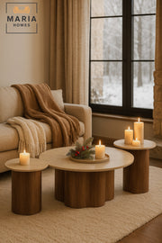 Modern 3-Piece Beige Marble Coffee Table Set with Brown Wooden Base for Living Room