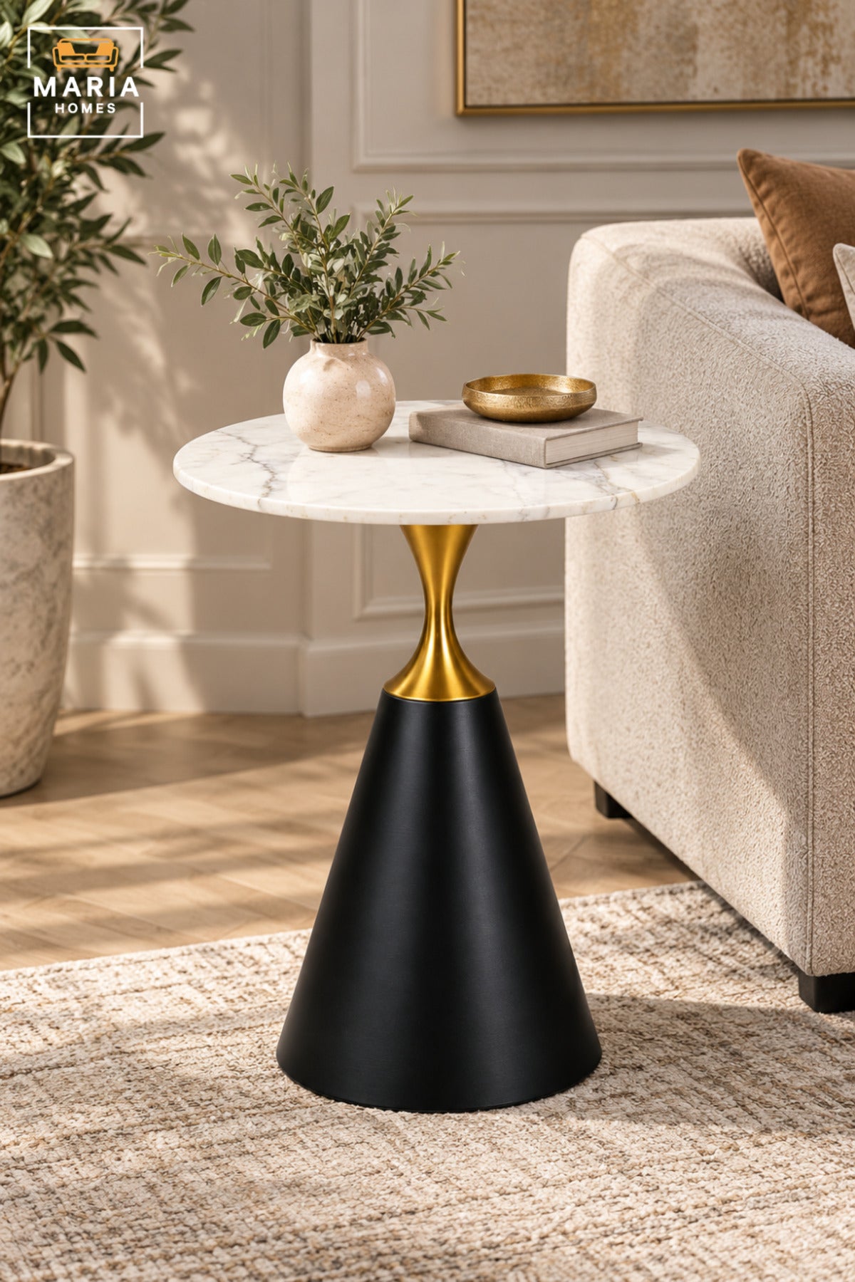Modern Round Side Table with White Marble-Effect Top, Black Cone Pedestal Base and Gold Accent for Living Room & Bedroom – 60 × 67.5 CM