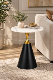 Modern Round Side Table with White Marble-Effect Top, Black Cone Pedestal Base and Gold Accent for Living Room & Bedroom – 60 × 67.5 CM