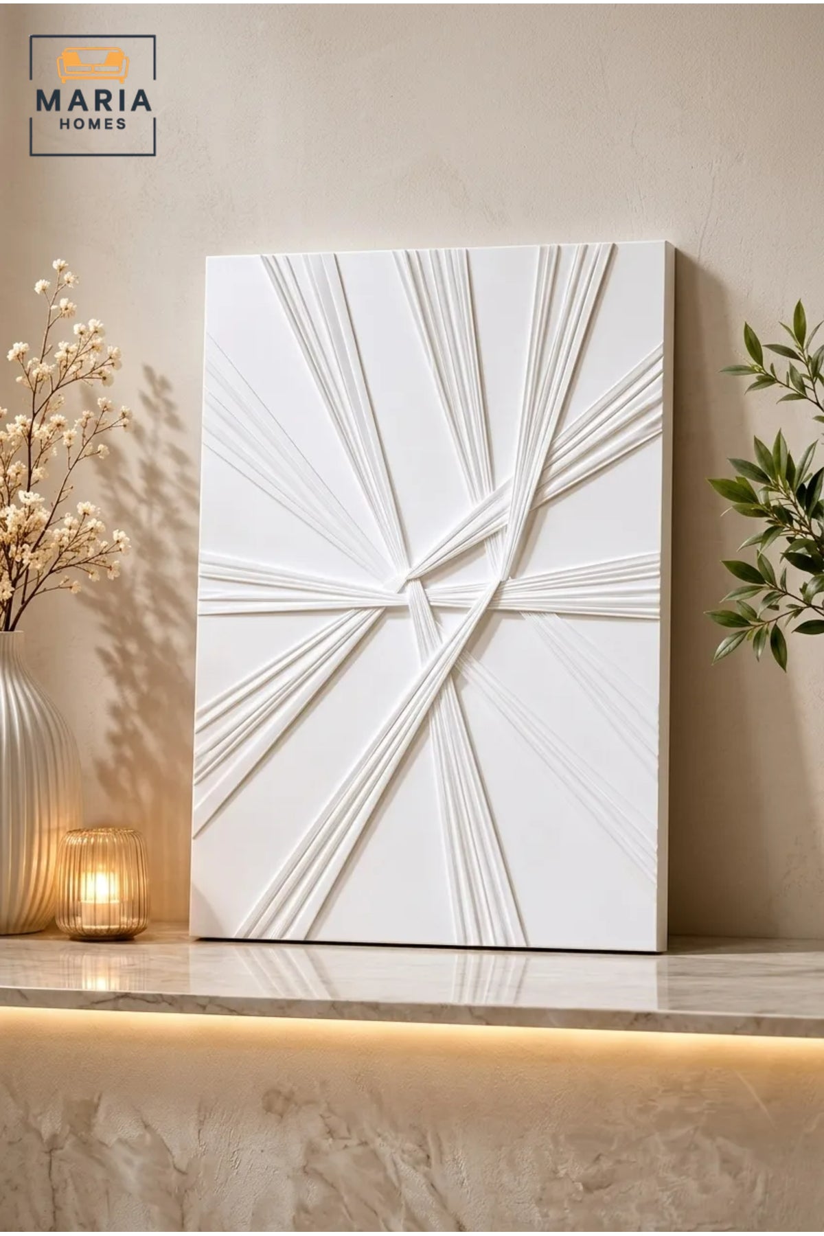 White Textured Abstract Wall Art √ê Modern Vertical Geometric Relief Artwork