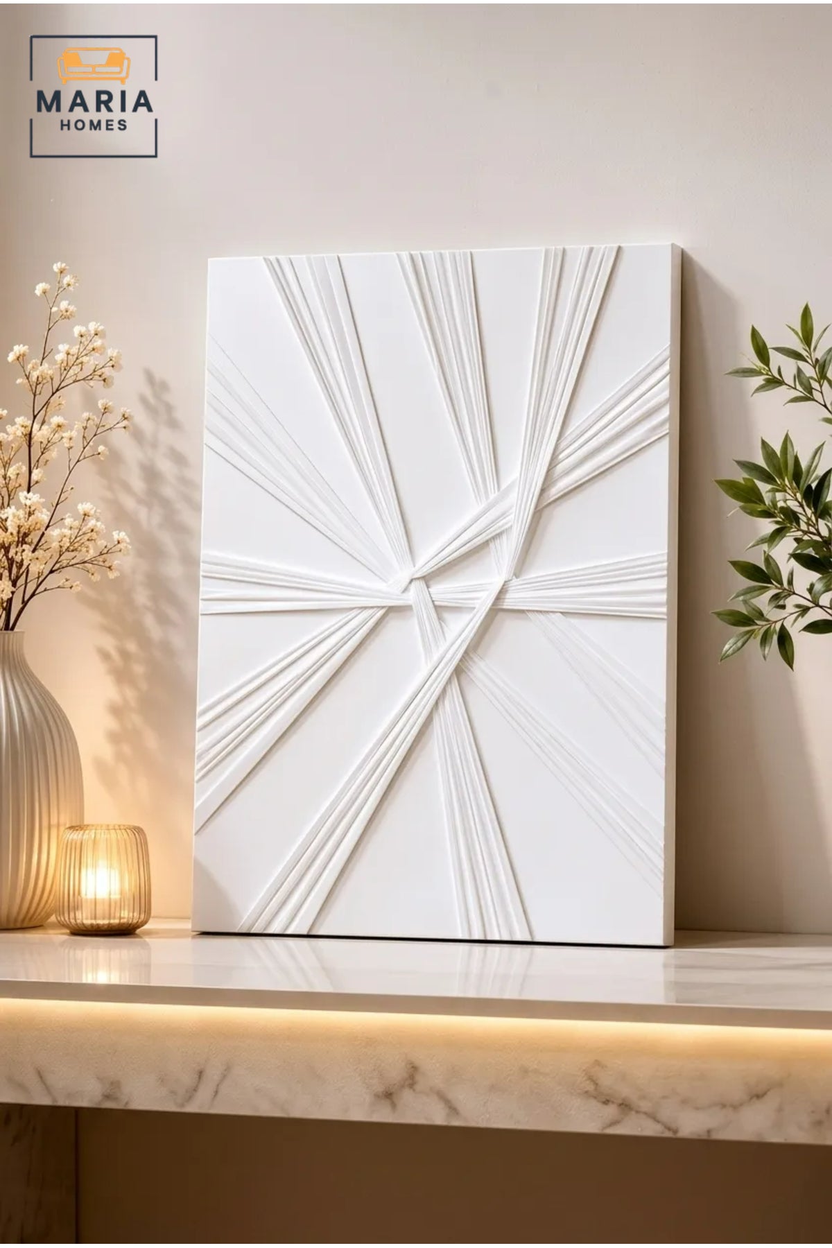 White Vertical Geometric Textured Wall Art √ê Modern Abstract Relief Decorative Artwork