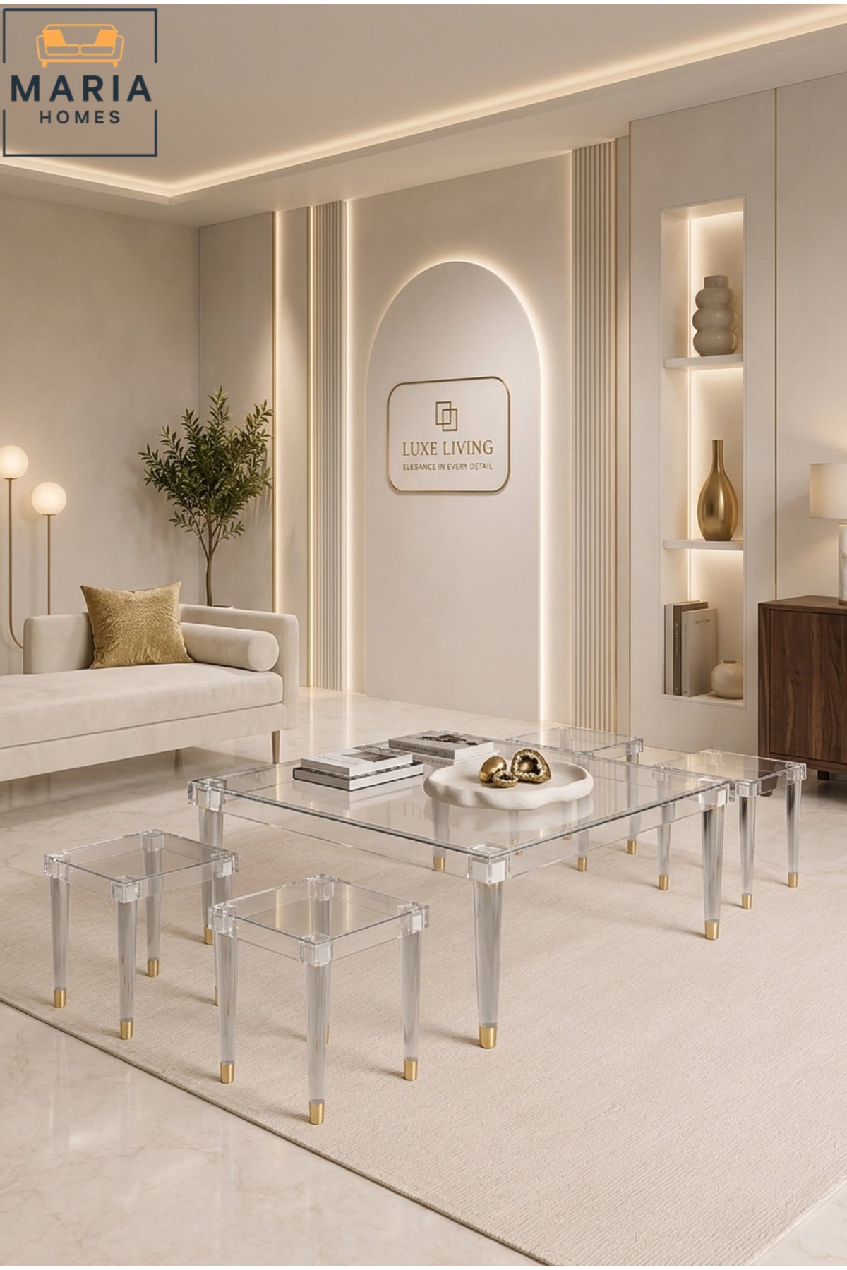 Rectangular Acrylic Center Table √ê Clear Top with Gold-Tipped Tapered Legs