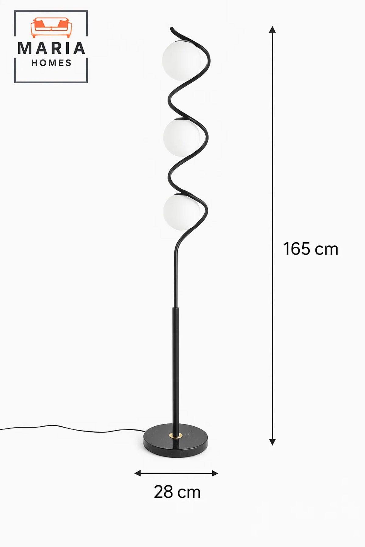 Stylish floor lamp with a spiral black frame and three frosted globes Great for modern interiors