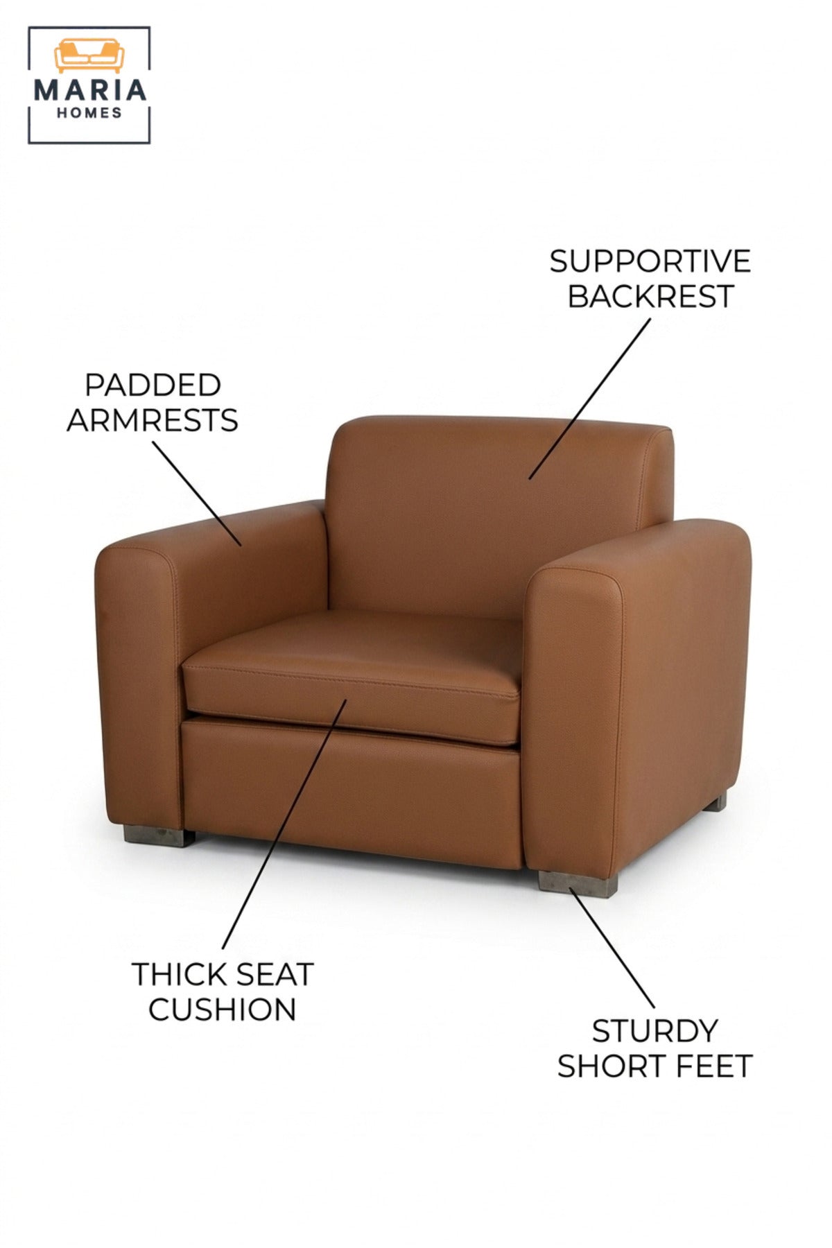 Modern Brown Leather Armchair with Wide Padded Armrests, Cushioned Seat & Low Metal Feet, Contemporary Lounge Accent Chair for Living Room Office Reception