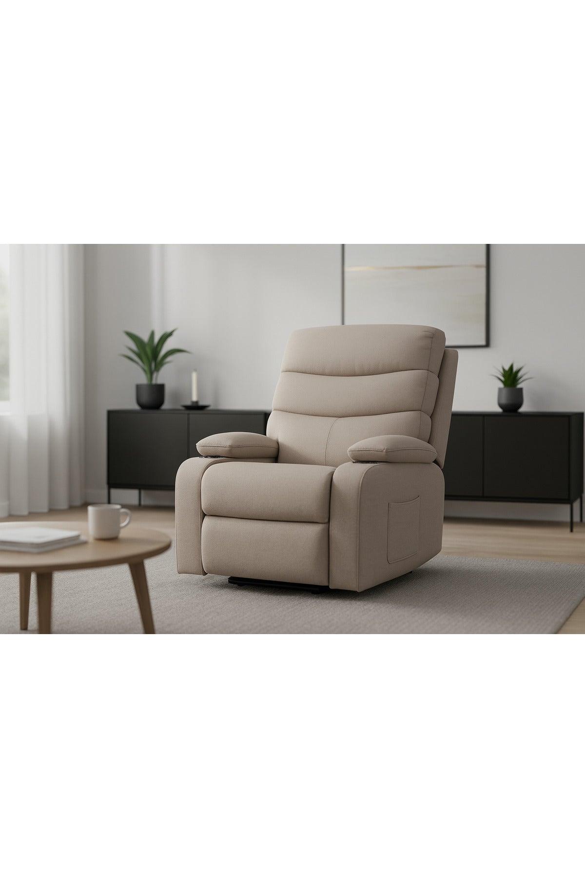 Beige Swivel Recliner Chair with Cup Holders