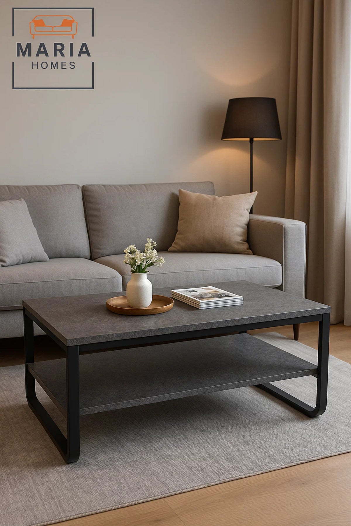 Modern Grey Stone Look Center Table 100x55x45cm Ð Coffee Table with Shelf & Black Metal Frame