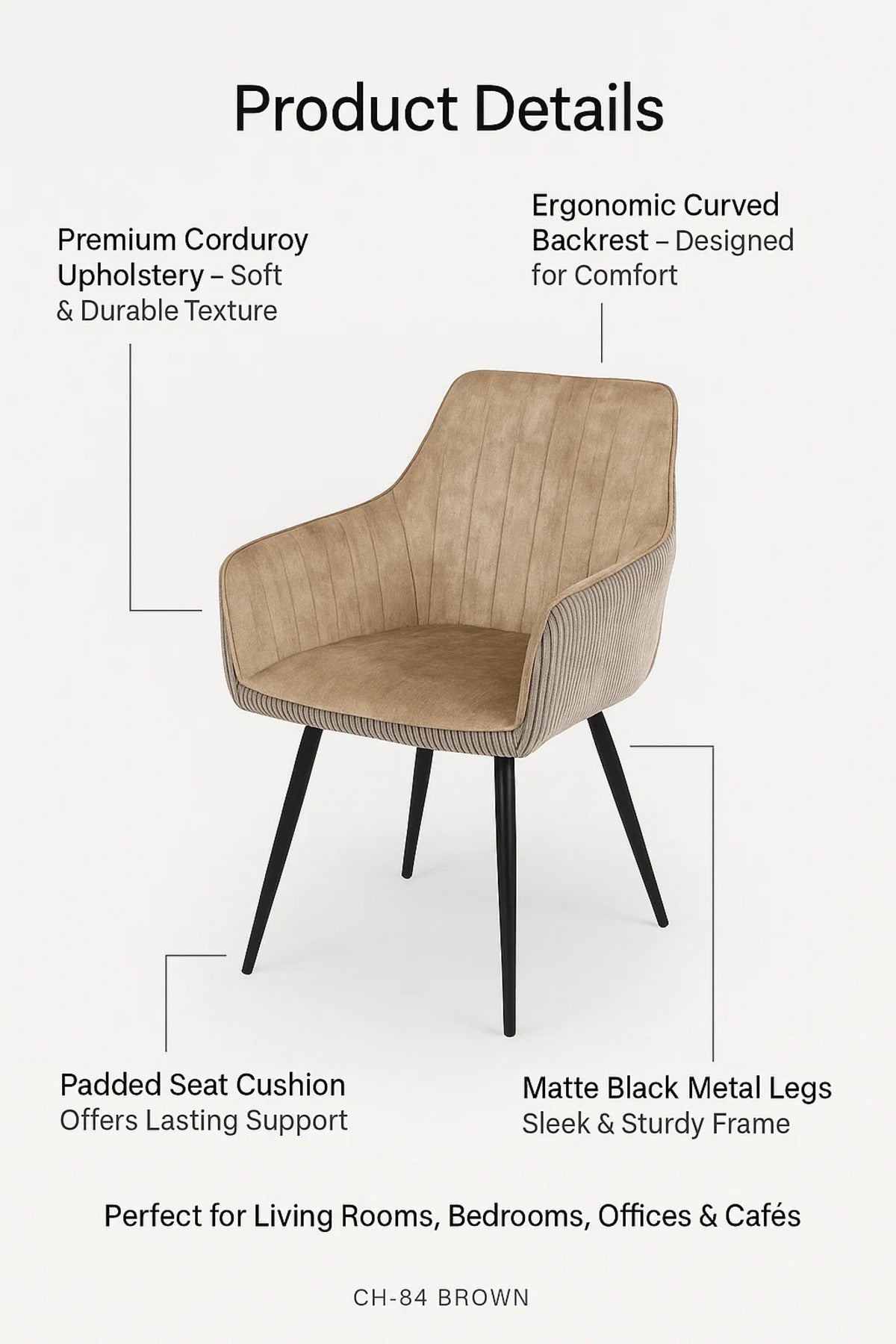 Beige Fabric Chair with Metal Legs | Modern Comfortable Chair for Home, Office, Living Room