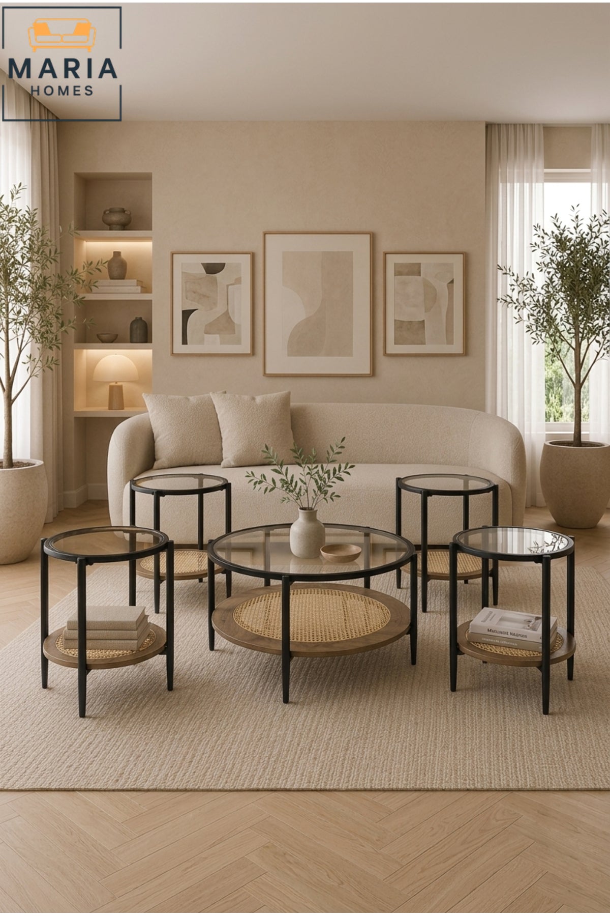 5-Piece Round Glass Coffee Table Set with Rattan Shelf √ê Modern Nesting Living Room Table Set, Black Metal Frame & Walnut Finish