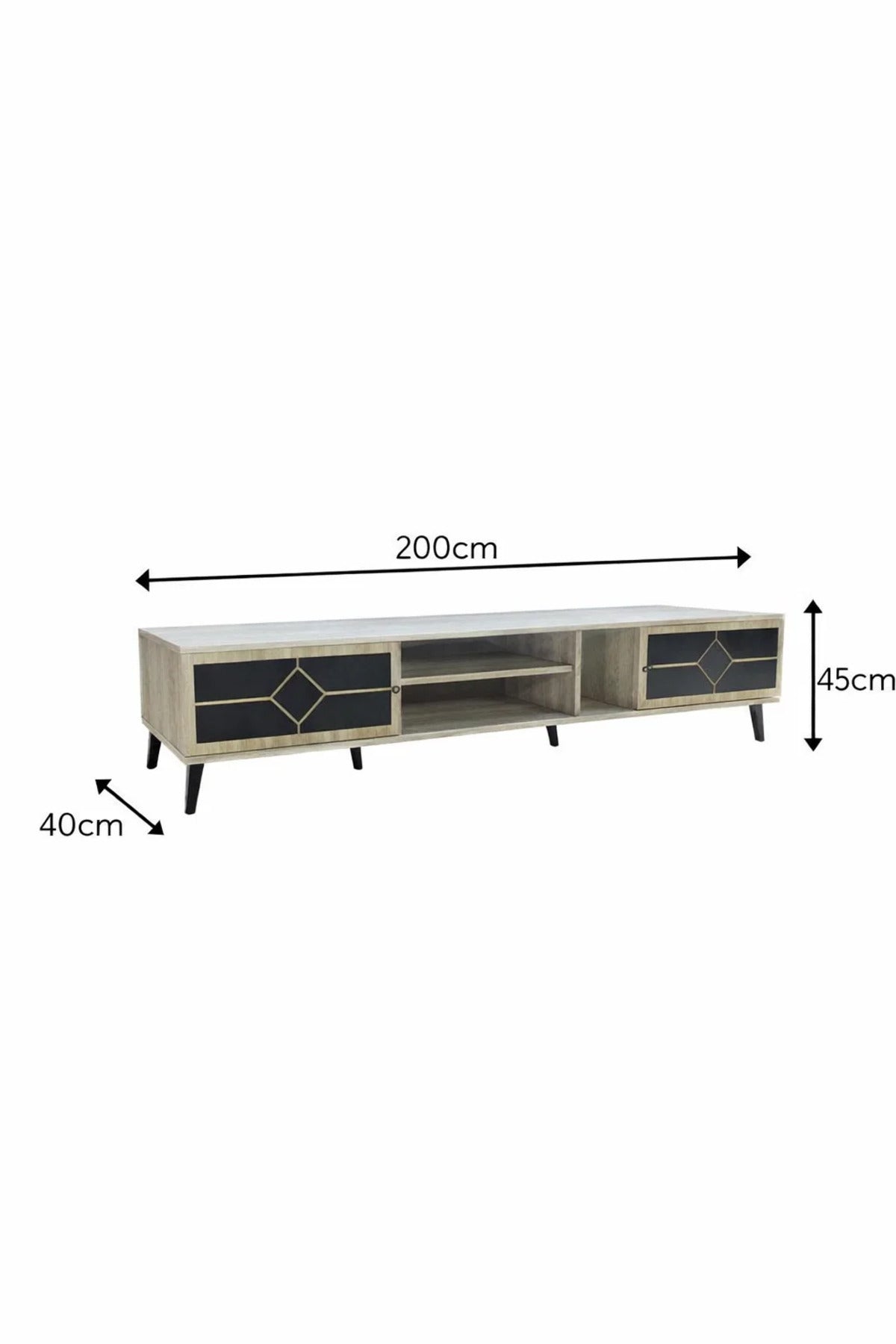 Elegant Beige TV Stand Console with Black Diamond Pattern Doors and Gold Tipped Legs 200cm Width