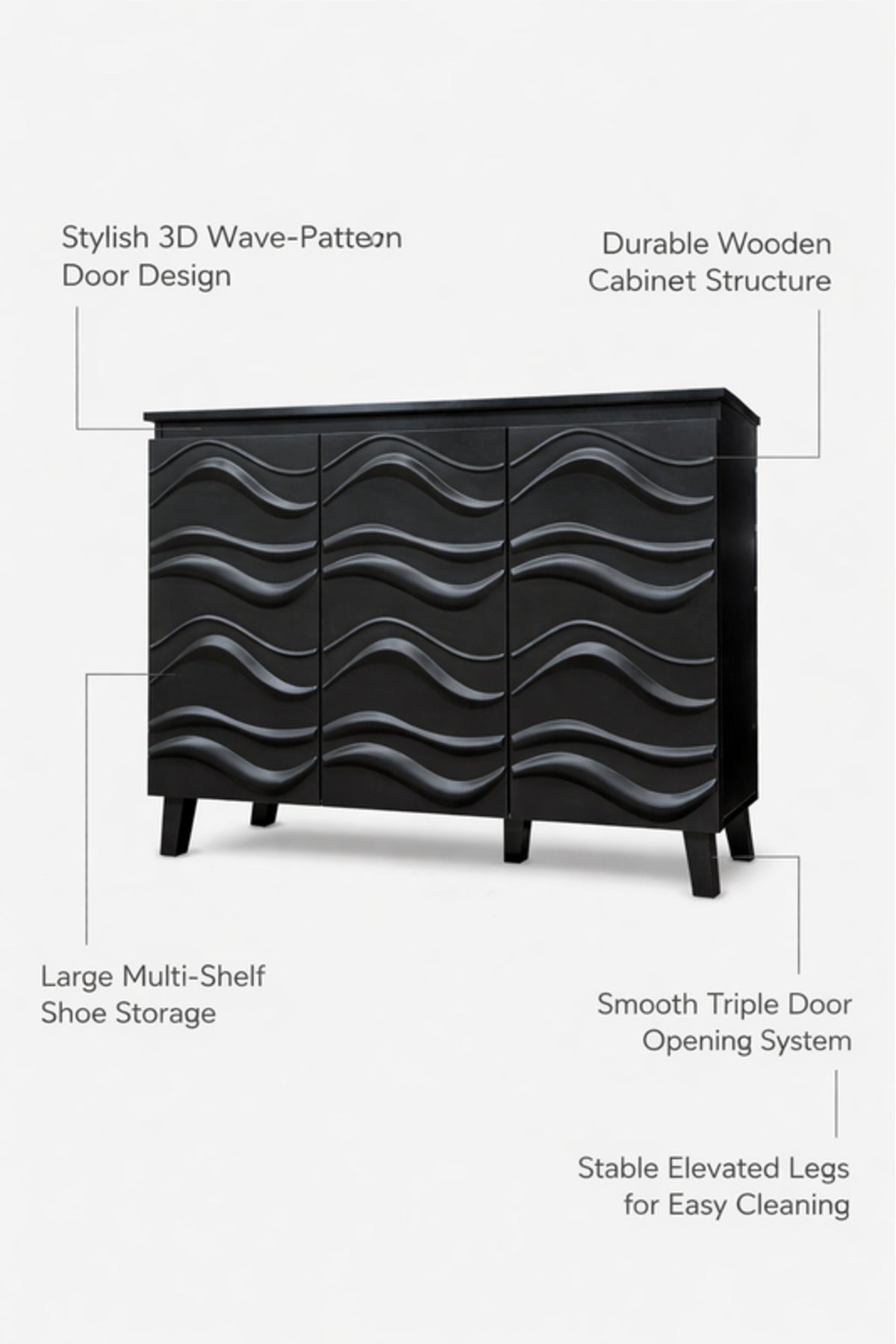 Black Shoe Storage Cabinet with Wave Design Doors 115_34_95 cm Modern Organizer black
