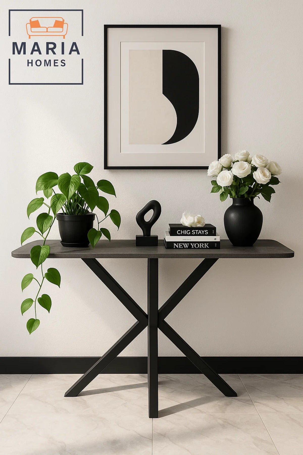 Grey Console Table 120x40x77cm with Black Cross Legs Ð Modern Hallway & Entryway Accent Table