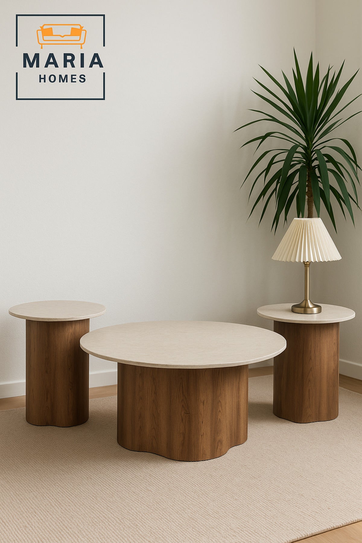 Modern 3-Piece Beige Marble Coffee Table Set with Brown Wooden Base for Living Room