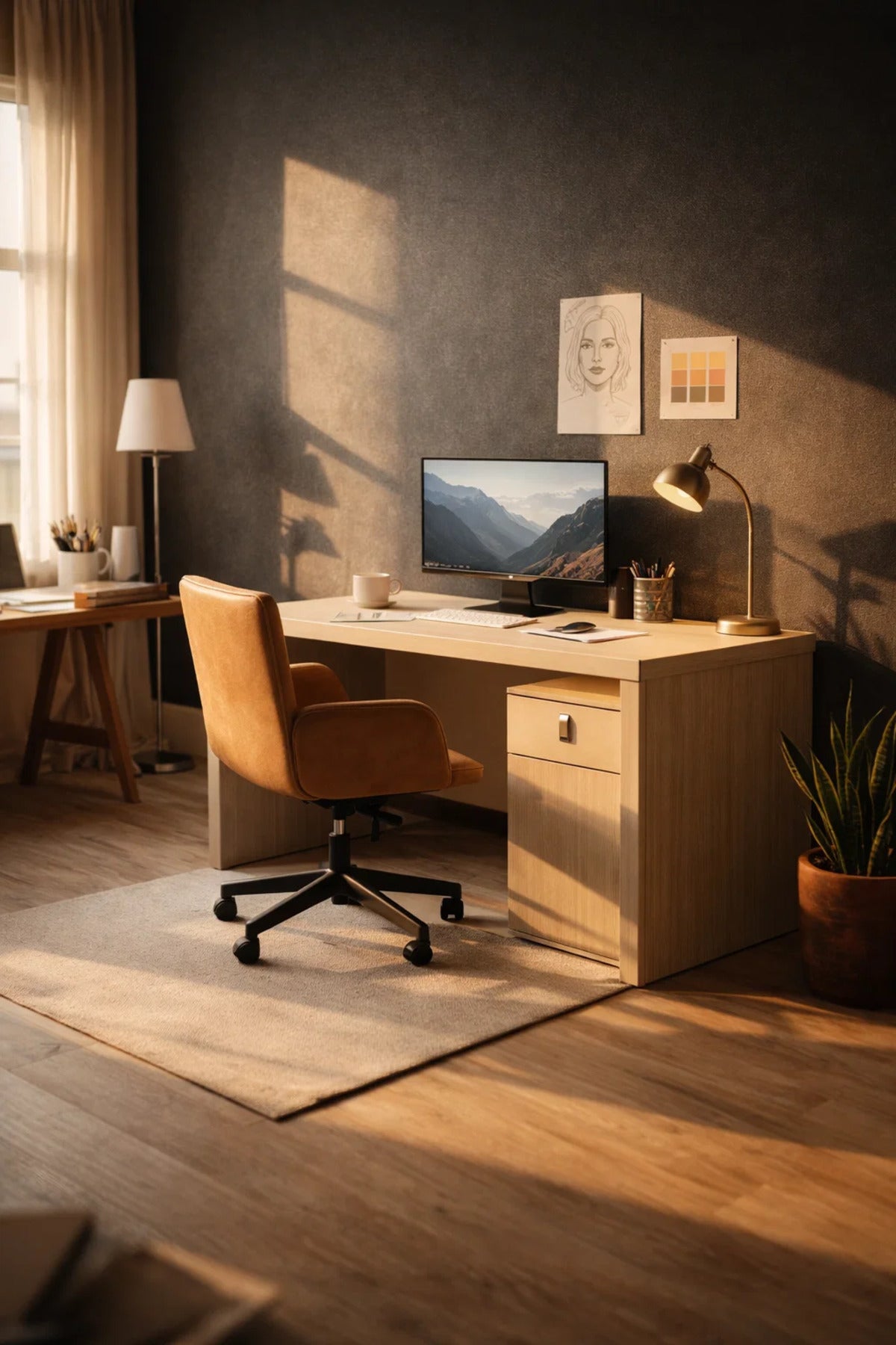 Modern Beige Office Desk 140cm with Side Cabinet and Lockable Drawer for Professional Workspace