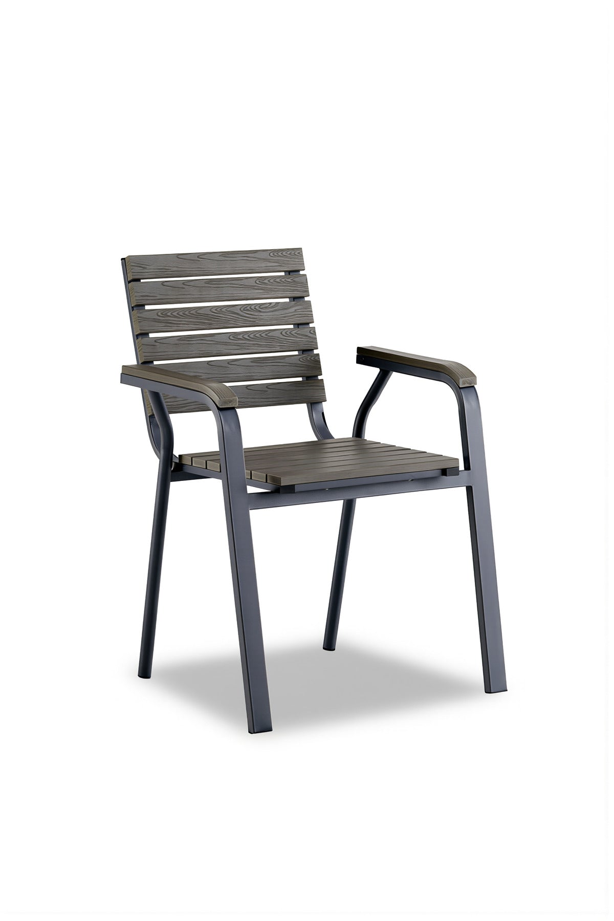 Dark Grey Outdoor Dining Armchair Metal Frame Wooden Look Garden Balcony Patio Durable Chair