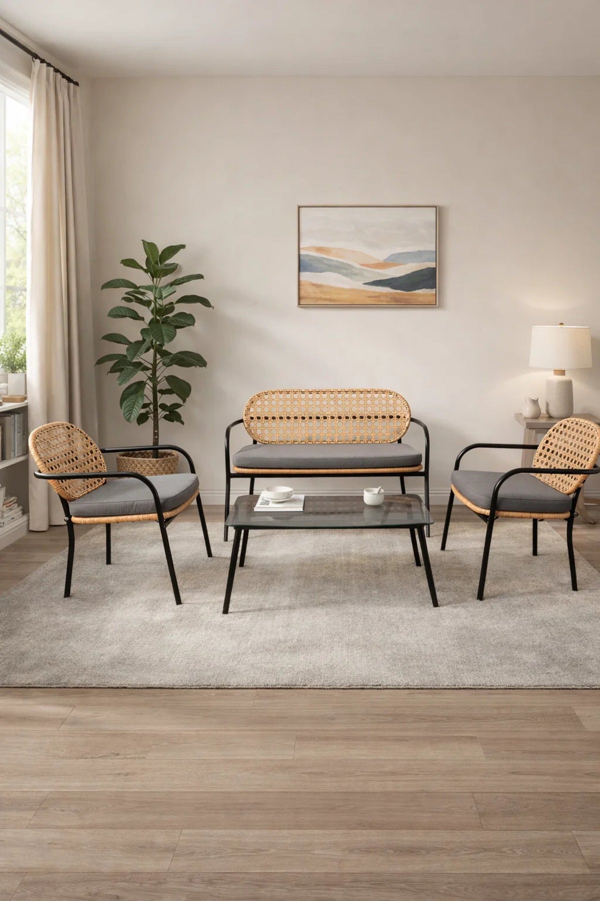Stylish 4-Piece Wicker Patio Furniture Set with Black Metal Frame Grey Cushions Coffee Table