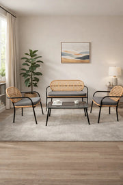 Stylish 4-Piece Wicker Patio Furniture Set with Black Metal Frame Grey Cushions Coffee Table