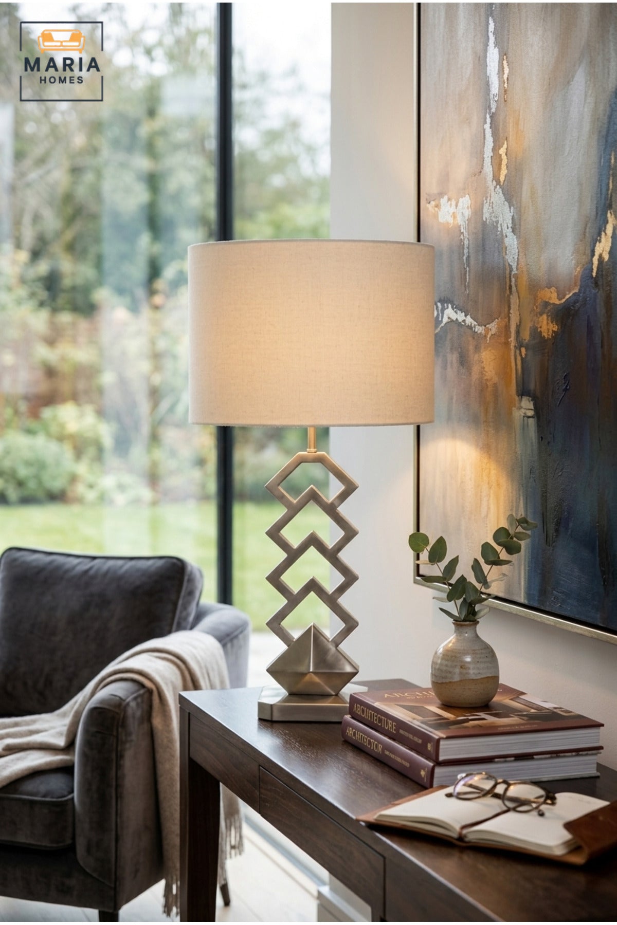 Modern Geometric Silver Table Lamp with White Drum Fabric Shade and Open Sculptural Base for Bedroom, Living Room, Office, Hotel and Bedside Décor