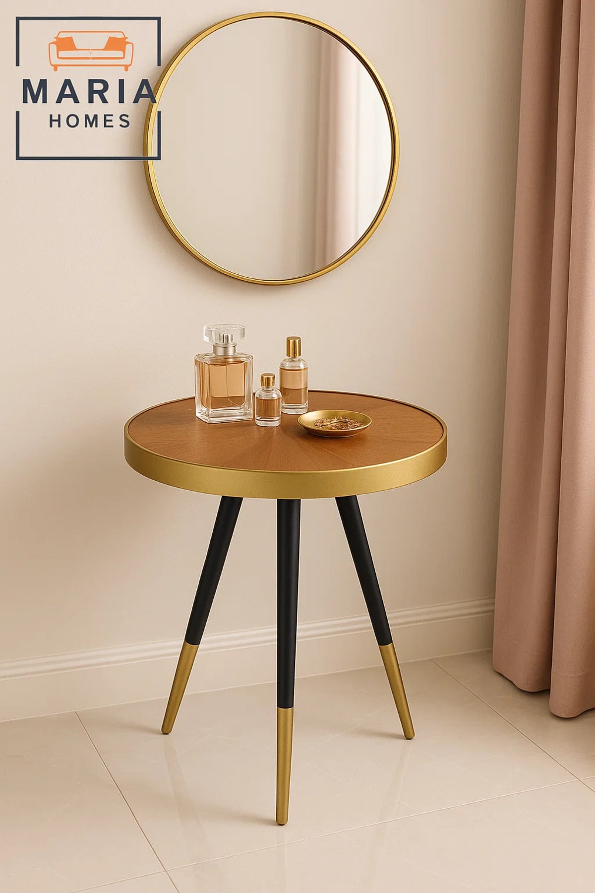 Tripod Round Side Table with Gold and Walnut Finish