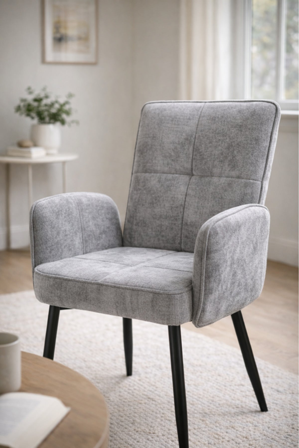 Light Grey Upholstered Dining Chair with Armrests and Metal Legs 96x49x46cm light grey