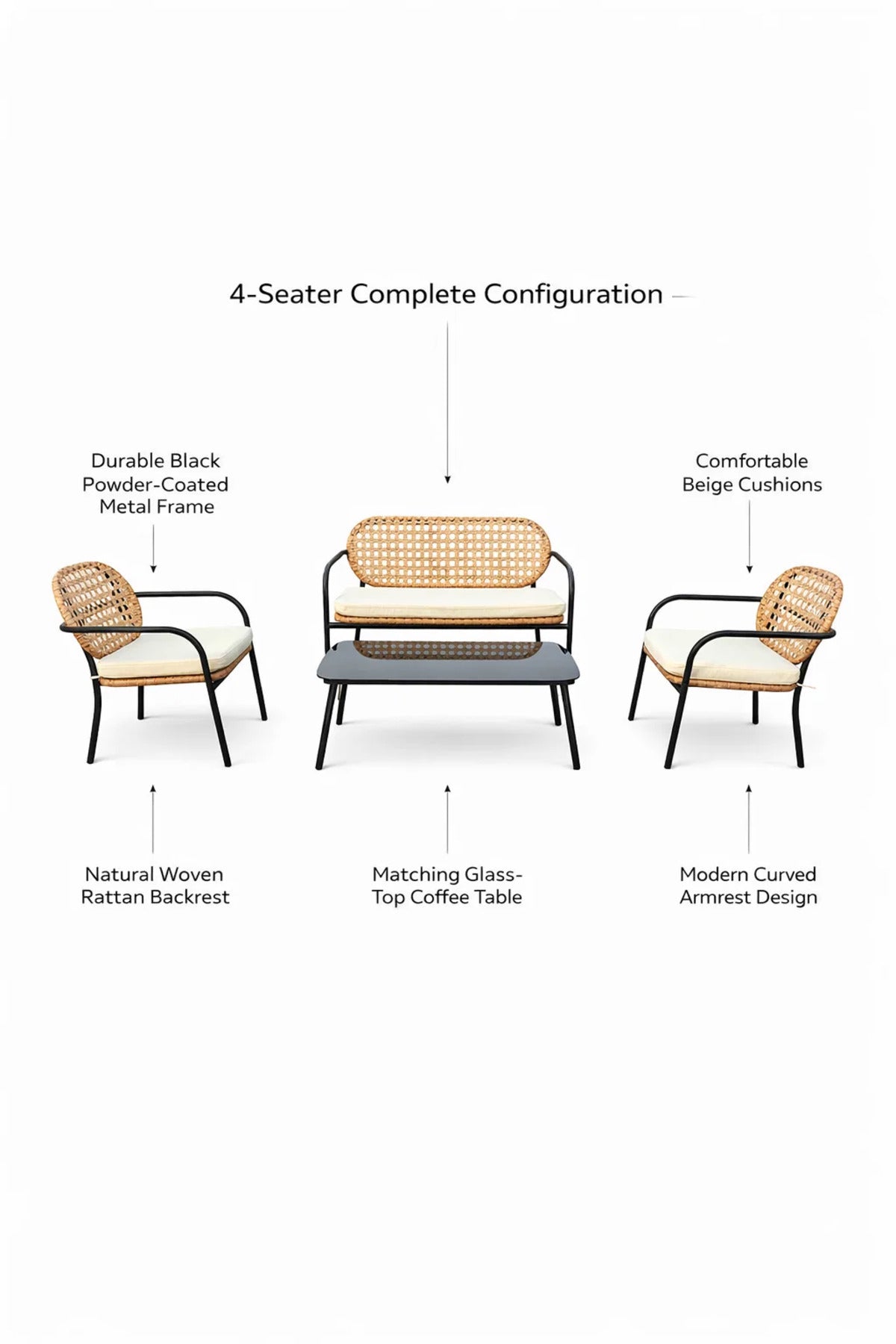 Stylish 4-Seater Conversation Set Black Metal Frame Beige Cushions Woven Back with Coffee Table