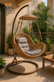 Modern Beige Rattan Hanging Swing Chair with Stand and Canopy for Outdoor Garden Balcony