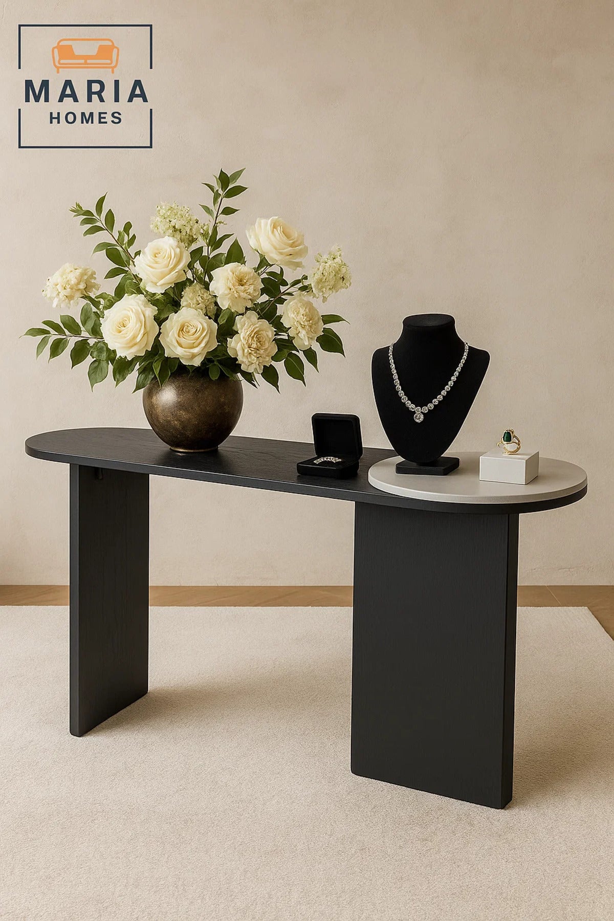 Black Half-Moon Console Table with White Marble Accent-size 160*40*80cm