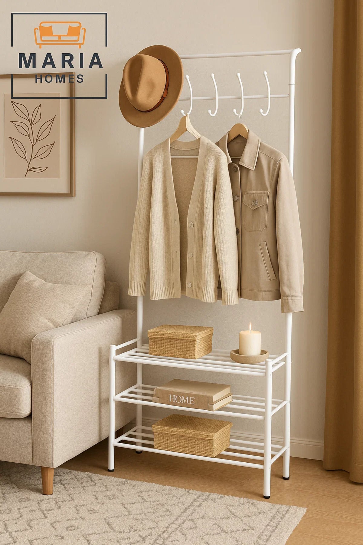 White Coat Rack with 12 Hooks & Metal Shoe Rack Ð 190x79x28 cm