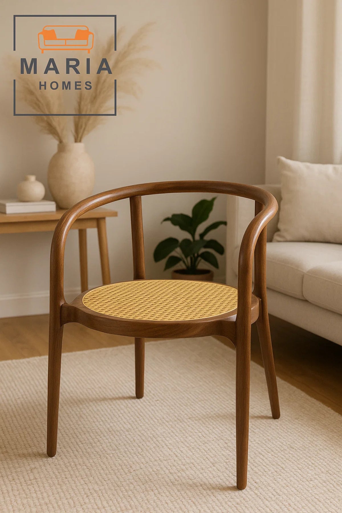 Round Back Walnut Cane Chair Ð Elegant Curved Wood Frame Armchair with Woven Rattan Seat