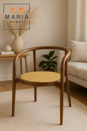 Round Back Walnut Cane Chair Ð Elegant Curved Wood Frame Armchair with Woven Rattan Seat