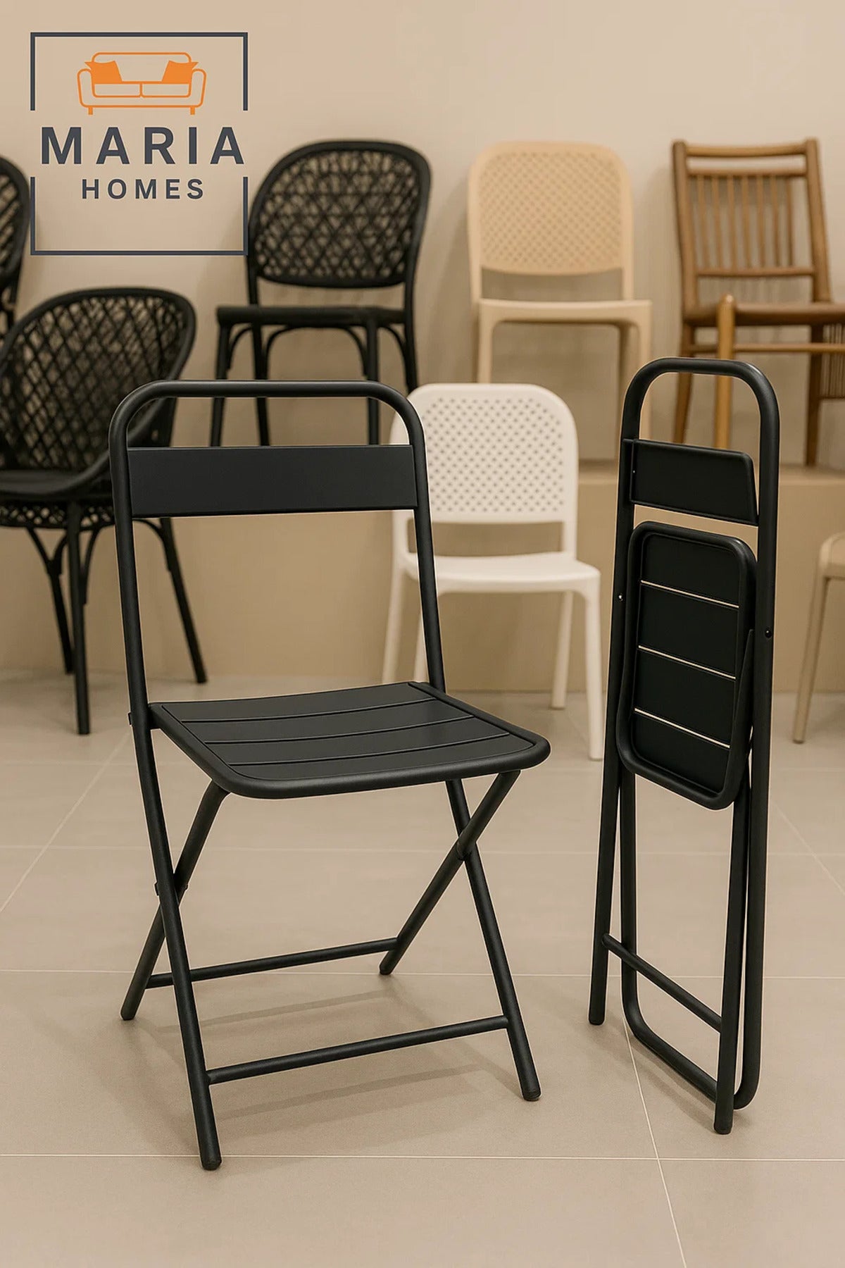Black Metal Folding Chair with Slatted Seat Ð Compact and Durable for Indoor & Outdoor Use