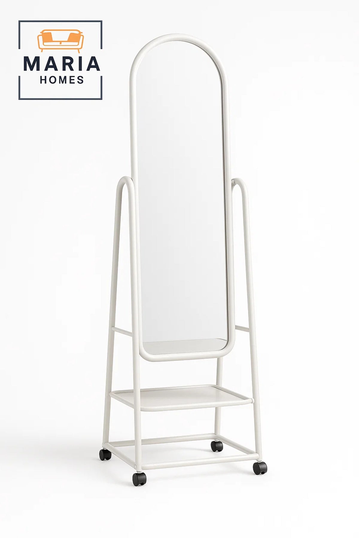 White Arched Full-Length Mirror with Rolling Frame and Storage Rack