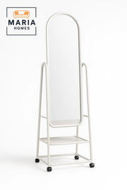 White Arched Full-Length Mirror with Rolling Frame and Storage Rack