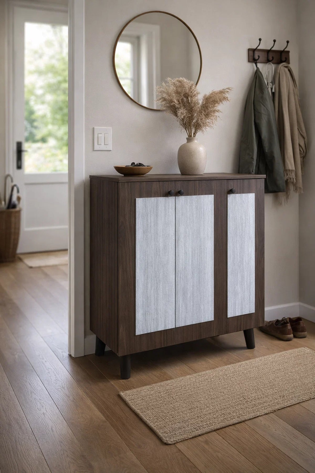 Stylish Wooden Shoe Cabinet Storage Rack with Double Doors and Shelves for Hallway Entrance Decor