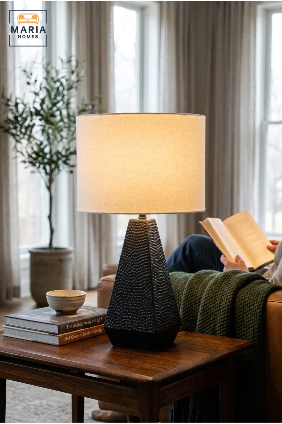 Modern Black Textured Table Lamp with White Drum Fabric Shade and Geometric Tapered Base for Bedroom, Living Room, Office, Hotel and Bedside Décor