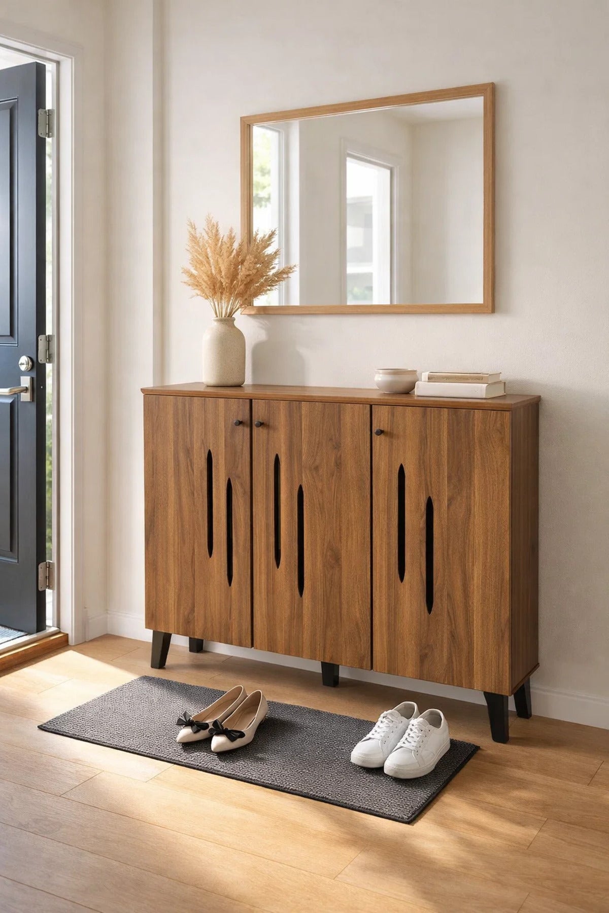 Modern Wooden Shoe Cabinet Dark Brown with Vertical Cut Out Design 120 x 32 x 94 cm