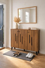 Modern Wooden Shoe Cabinet Dark Brown with Vertical Cut Out Design 120 x 32 x 94 cm