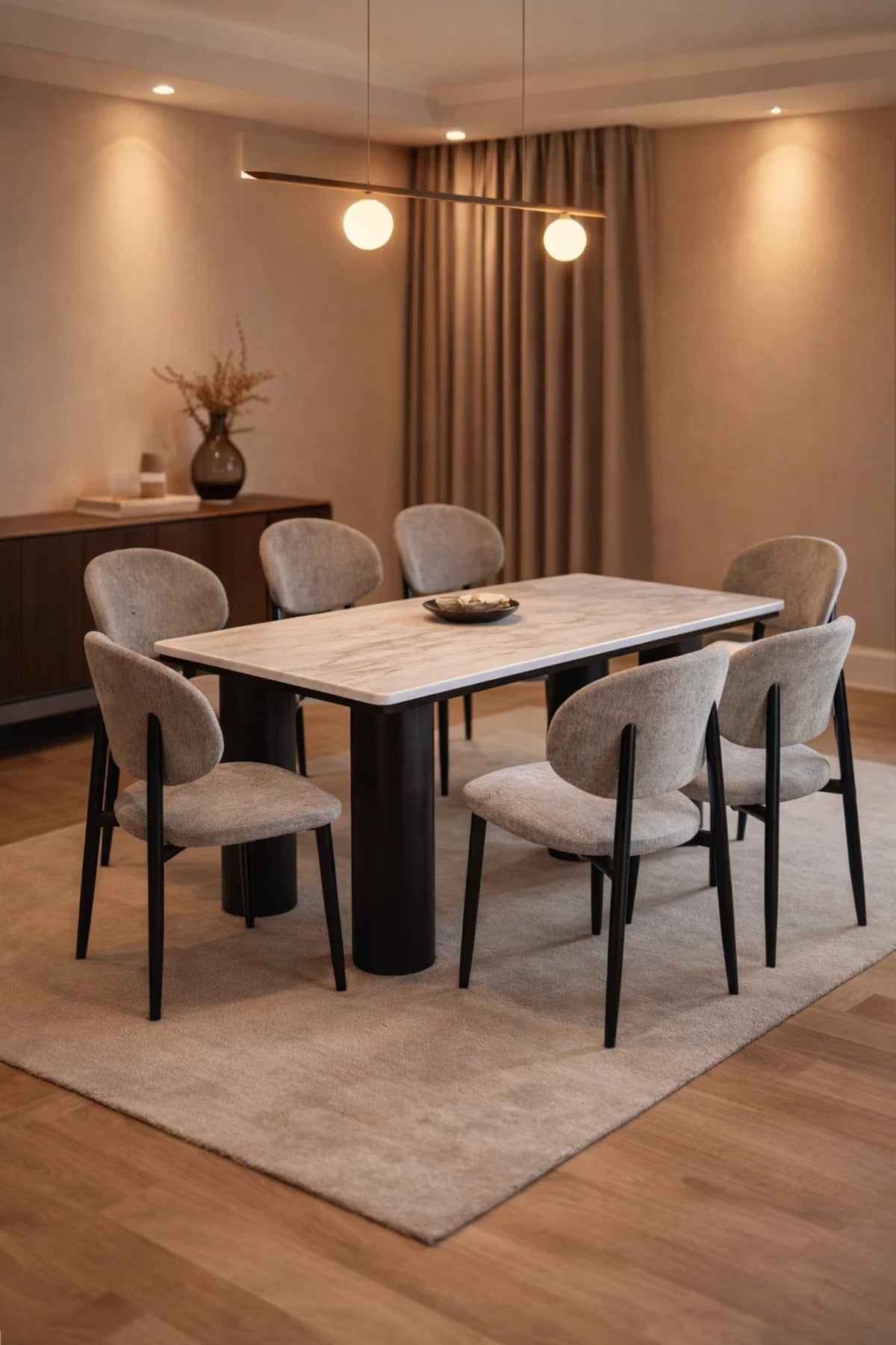 Modern Marble Top Dining Table Set with 6 Upholstered Chairs 180x100x75cm modern marble