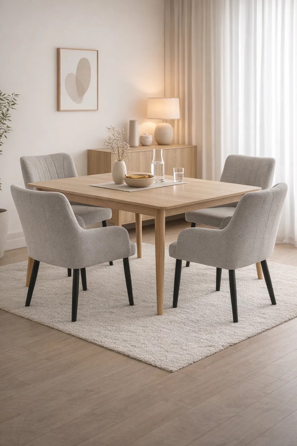 Luxury Grey Boucle Dining Chair with Arms Modern Upholstered Armchair Black Legs Living Room