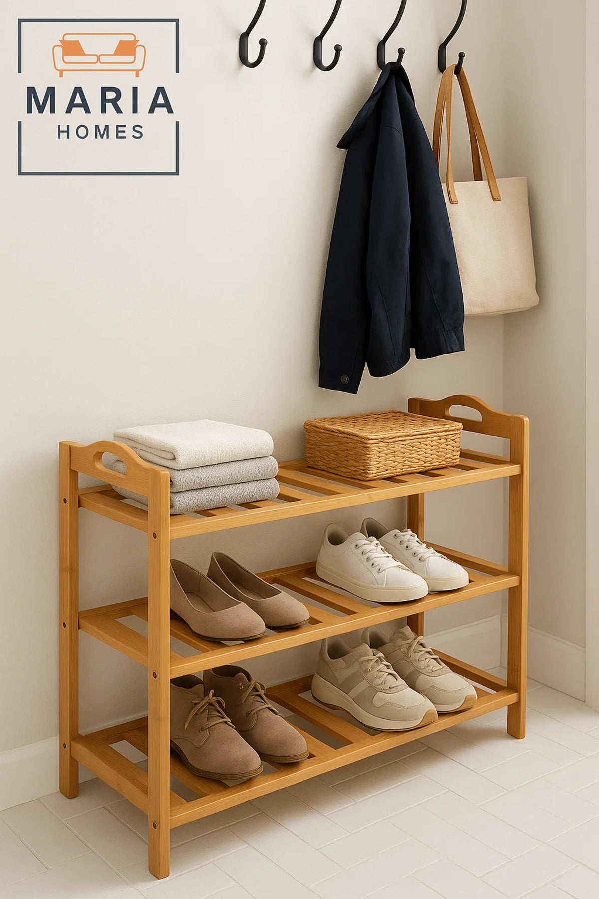 3-Tier Natural Bamboo Shoe Rack Organizer Shelf for Entryway, Hallway, Closet or Living Room