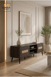 Modern Dark Walnut Rattan TV Unit 180 _ 40 _ 45 cm √ê Entertainment Center with Storage Cabinets and Open Shelves