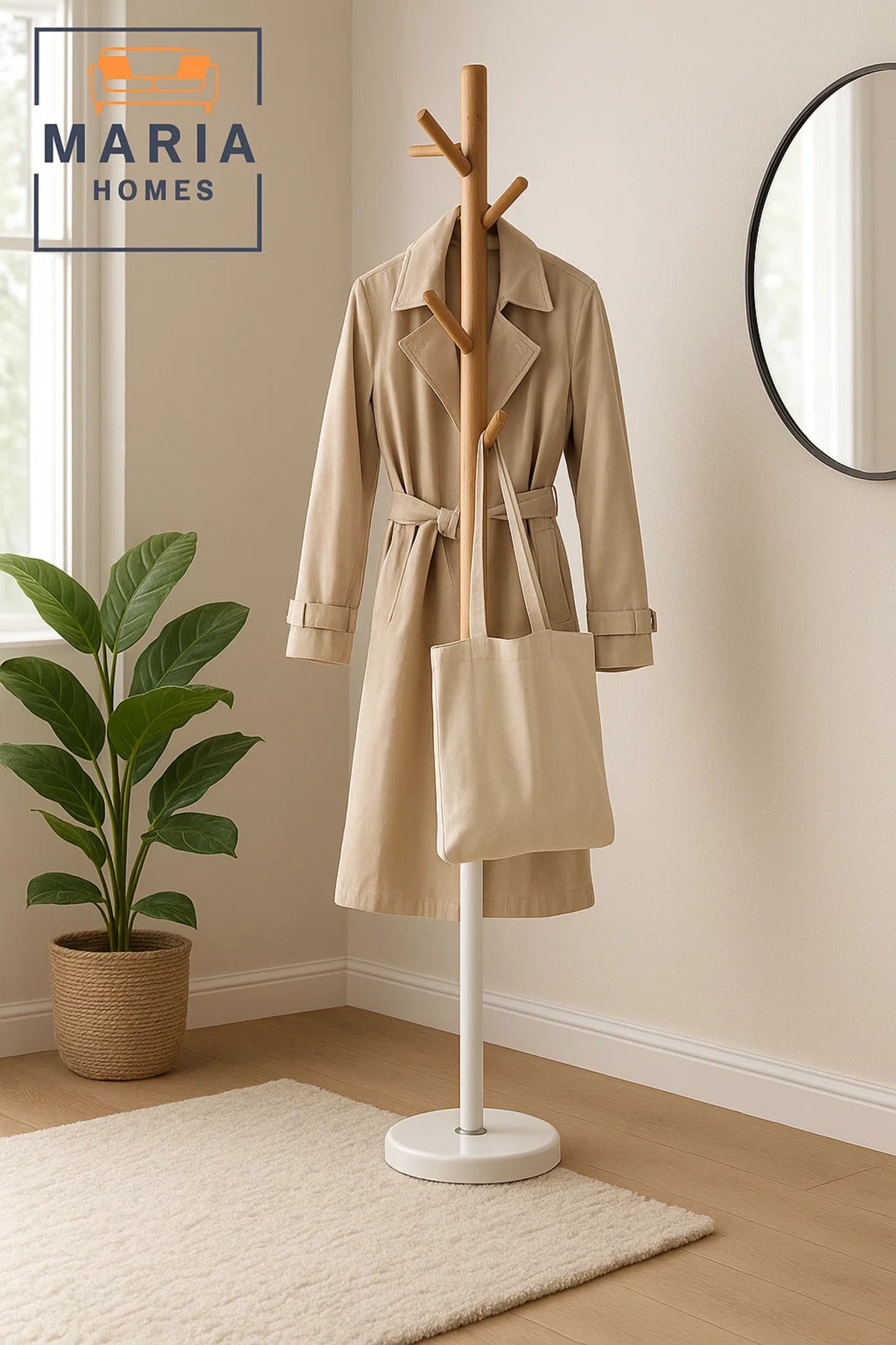 Modern Wooden Coat Rack with White Base and Angled Hooks