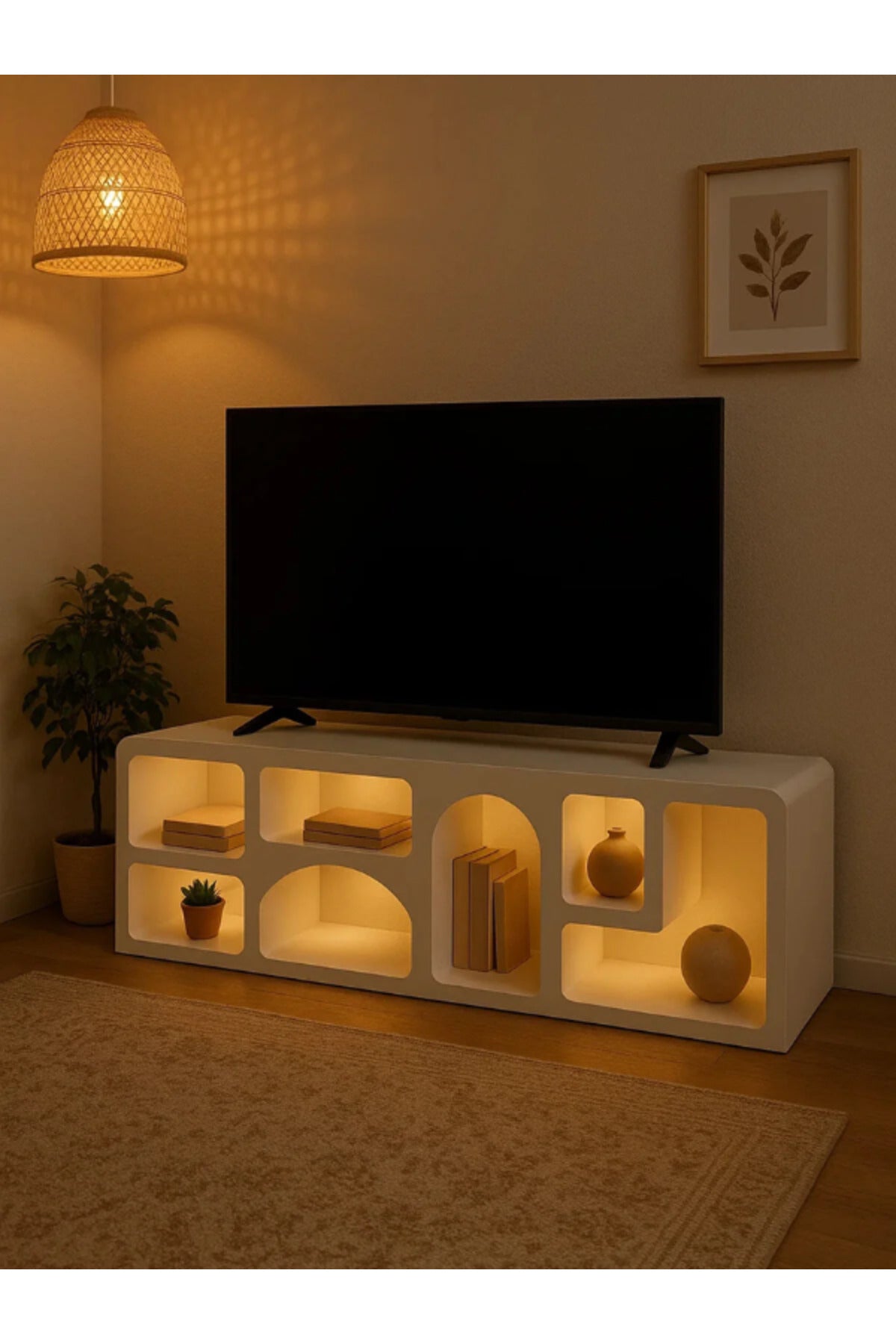 Modern White TV Stand with Arched Open Shelves – 180x40x50 cm Minimalist Media Console