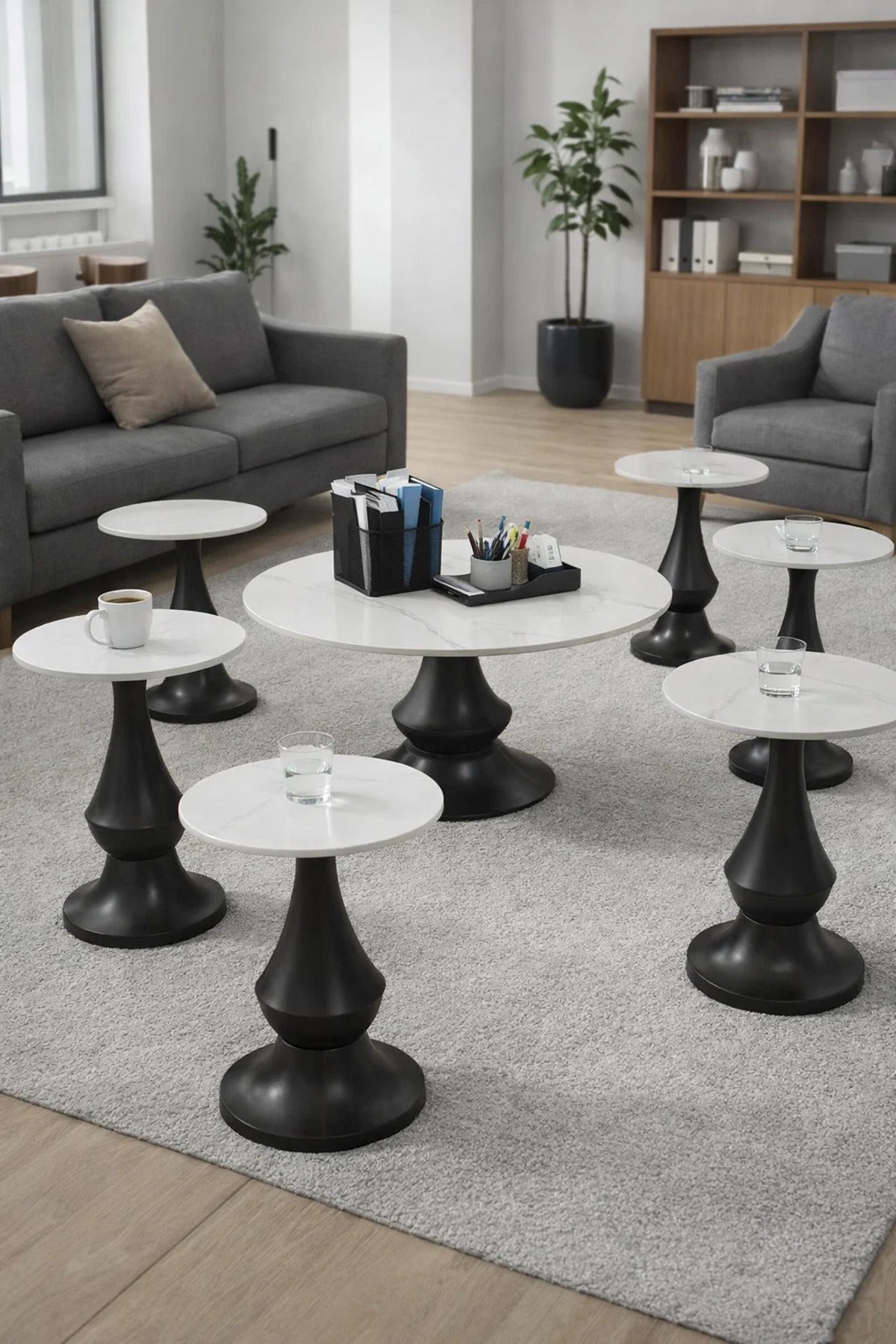 Premium 1+6 Console Table Set Ceramic Top Wood Base Round Center and Side Tables Living Room