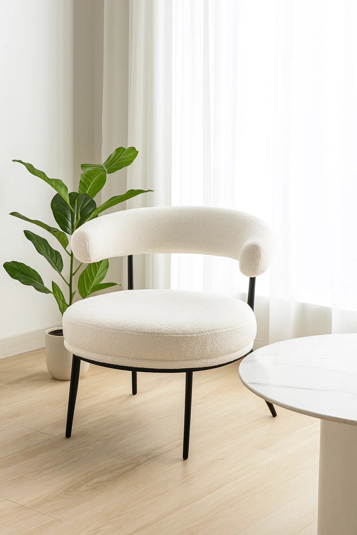 Modern Boucle Fabric Lounge Chair, Curved Backrest Accent Chair for Living Room & Bedroom